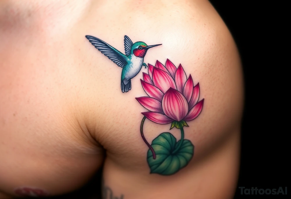 A Hummingbird Drinking from a Lotus Flower (only red , blue and black are possible colors) tattoo idea
