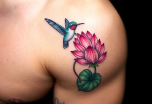 A Hummingbird Drinking from a Lotus Flower (only red , blue and black are possible colors) tattoo idea