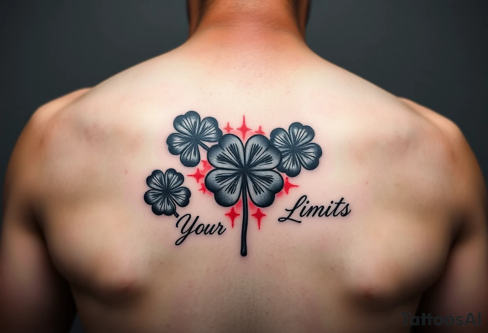 Black 5 leaf clovers ( with red aura ) surrounding the words “ Surpass Your Limits” FOREARM tattoo inspired by Black Clover anime tattoo idea