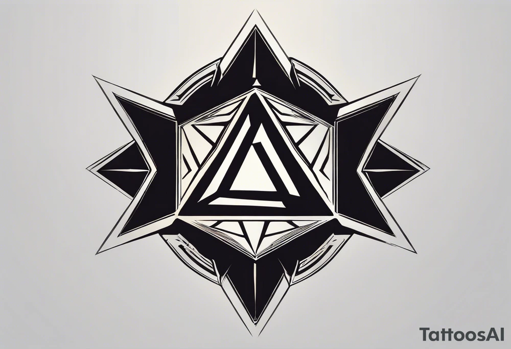 Central Element (Inspired by Dragon Age: Inquisition): A geometric, sharp-edged sigil with elements of symmetry. This can resemble a radiant, angular mark with organic, flame-like or lightning-style details emerging from the center. It will symbolize power and leadership, inspired by the Inquisitor's Mark.

Top Element (Inspired by the Triforce): Instead of the classic three triangles, we can use a pattern of interlocking triangles or diamond shapes, with a glowing effect or radiant lines around them to represent wisdom, power, and courage. The pattern can hover above the central sigil, almost like a sacred emblem.

Side Elements (Inspired by the UNSC Wings from Halo): Sleek, abstract wings or feathers will extend outward from the sides of the central sigil, flowing elegantly. These can be sharp and modern, with a mechanical, futuristic look to symbolize the strength and unity of the UNSC.

Design Flow: The energy radiating from the top symbol (the interlocking triangles) connects to the central sigil, blending the elements together. The wings on the sides give it an expansive, balanced appearance, tying the futuristic with the mythic. tattoo idea
