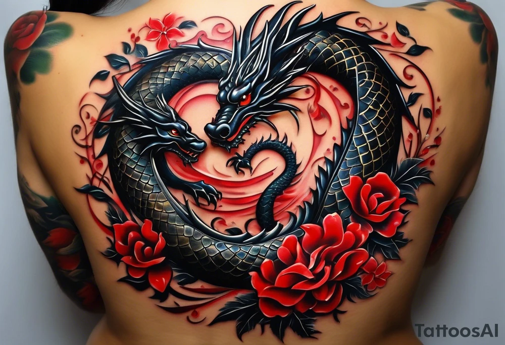 Quiero un tatuaje en toda la espalda con dos dragones verticales uno en frente del otro (uno con faceta fiera y el otro con faceta amable), con un sol o luna rojo en medio, y otros detalles de letras en chino y flores tipo cerezo (en rojo y negro) tattoo idea