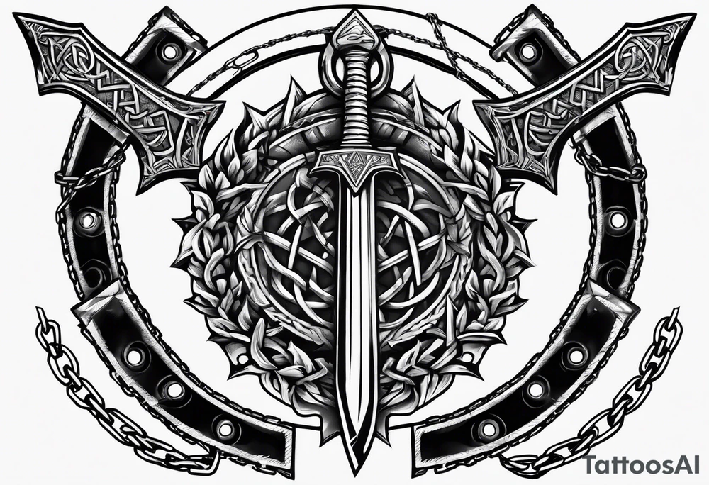 Valhalla sword shield  axe Valknut barbed wire chains tattoo idea