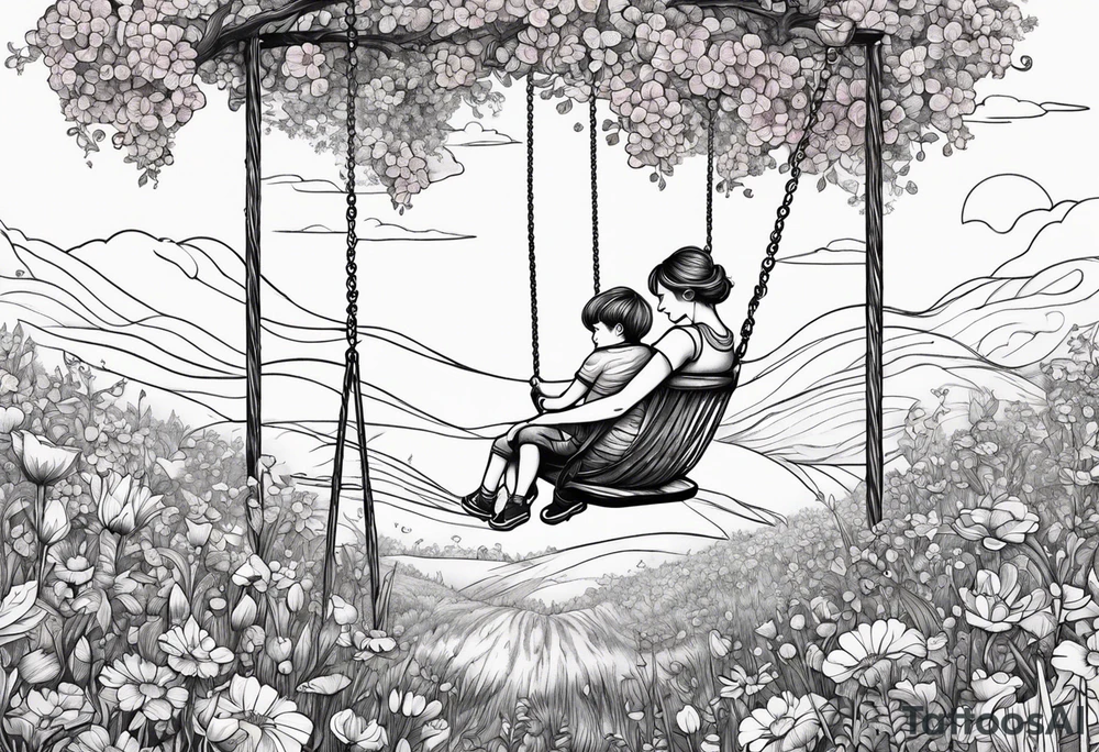 Mom with son and daughter on a swing in the distance in a field of flowers tattoo idea