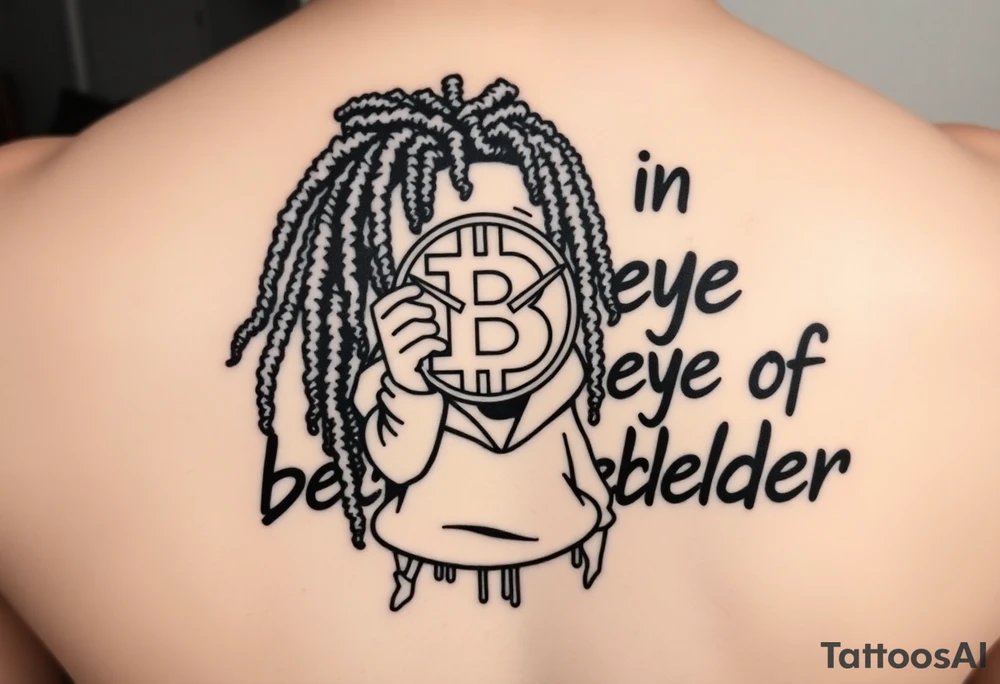 Create a tattoo stencil Use a street-art / pop-art vibe with a cartoon figure with dreadlocs holding a bitcoin to cover his eyes have bold lines, “x” for eyes. make them have on a hoodie and jogger sweatpants have in the background in graffiti letters “bitcoin is in the eye of the beholder” tattoo idea