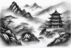 forearm sleeve traditional chinese art painting style autumn mountains mist fog water Chinese temple 2 male monks wearing robes seated drinking tea tattoo idea