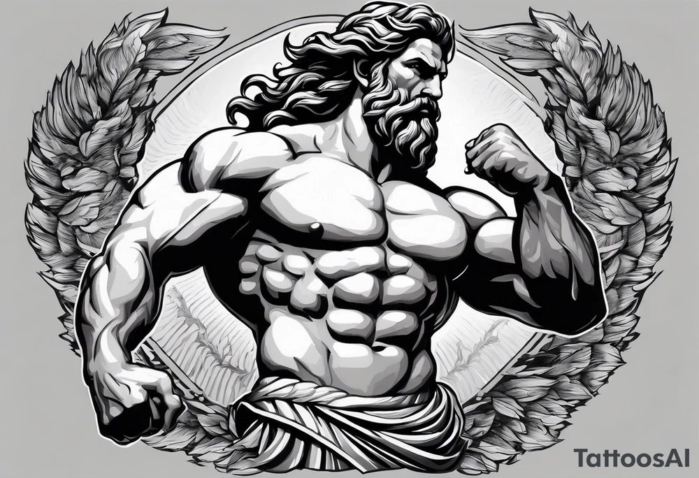 At the heart of this Greek mythology tattoo stands Zeus, the king of the gods, portrayed in a commanding and majestic pose. Zeus is depicted in three-quarter view, with his muscular form accentuated by fine black and grey shading. His expression is fierce and determined, with a full beard and flowing hair adding to his regal appearance. He holds a thunderbolt in his raised hand, ready to unleash its power, while storm clouds gather around him, crackling with energy.

Surrounding Zeus are elements that highlight his dominion and influence. To one side, an eagle, his sacred animal, soars with its wings spread wide, symbolizing strength and vigilance. Below Zeus, the mighty Mount Olympus rises, shrouded in mist and framed by ancient Greek columns. In the background, subtle depictions of other gods and goddesses, such as Hera and Hermes, can be seen, paying homage to the pantheon over which Zeus reigns supreme.

The design is enriched with intricate details like laurel wreaths and olive branches, symbols of victory and peace, intertwined around the composition. The entire tattoo is crafted with a mix of bold lines and delicate shading, with occasional highlights of gold to emphasize the divine and majestic nature of Zeus.

This tattoo design captures the power, authority, and grandeur of Zeus, making it a striking tribute to Greek mythology. tattoo idea