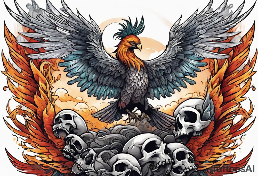 phoenix flying out of an alter made of skulls tattoo idea