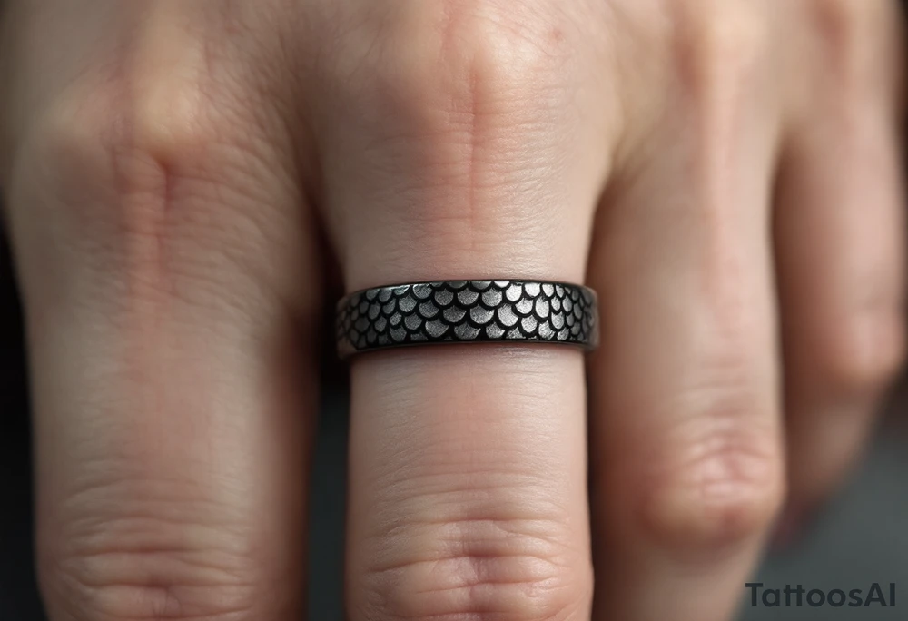 A black and silver finger band with a subtle dragon-scale texture tattoo idea