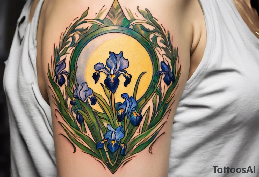 Create a colorful Vincent van Gogh Irises tattoo with Athena's shield and spear. The tattoo should take the form of a crescent, with vines gracefully intertwining at a central point in the middle of the wreath.  The intended placement is on the upper chest. The overall design should be small in size while maintaining a delicate and artistic aesthetic. Pay attention to the graceful flow of the vines and the placement of the irises to achieve a refined and elegant look. tattoo idea