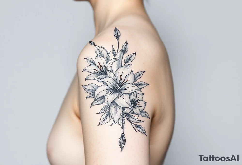 lilies and spider plant in a floral wrap on the arm tattoo idea