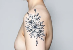 lilies and spider plant in a floral wrap on the arm tattoo idea