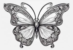 Delicate butterfly with soft, flowing lines, minimalist design inspired by Alphonse Mucha’s organic Art Nouveau curves, subtle floral detailing in the wings. tattoo idea