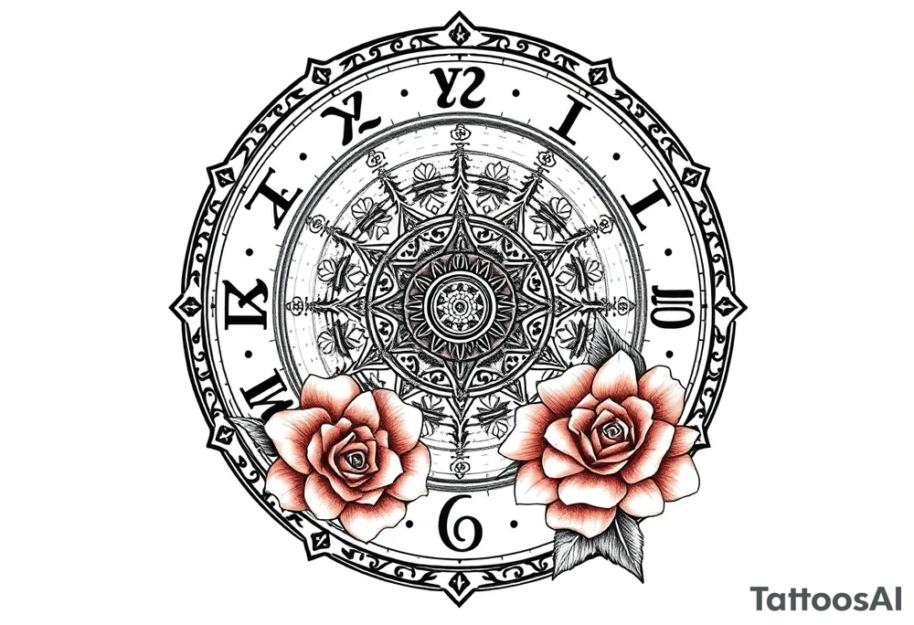 zodiac symbols and Norse runes within ornate clockwork mechanism with roses lilly sunflowers tattoo idea