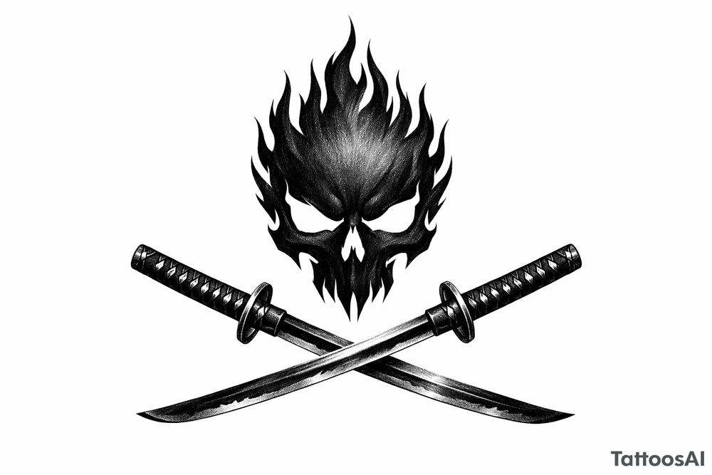 A minimalist skull silhouette with sharp flame outlines, crossed katanas crossed below. tattoo idea