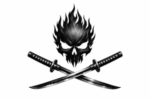 A minimalist skull silhouette with sharp flame outlines, crossed katanas crossed below. tattoo idea