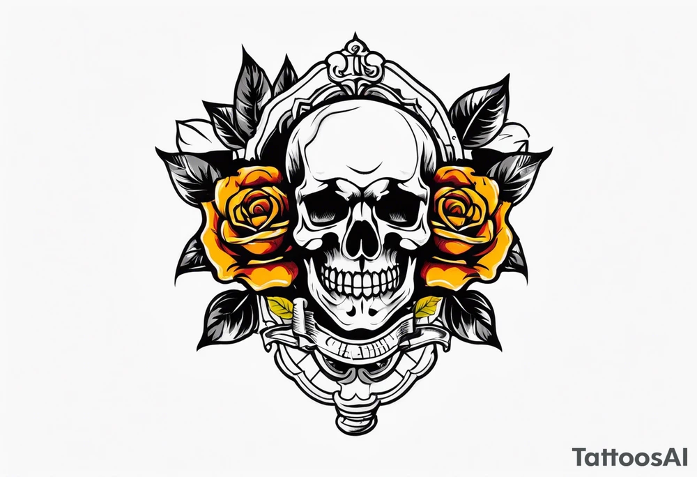 Masculine Old School Knee tattoo in fall colors showing a large skull with a rose  in the style of Jonathan Shaw tattoo idea