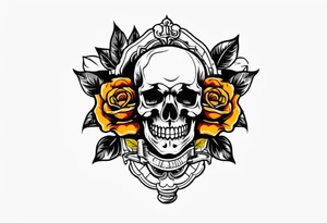 Masculine Old School Knee tattoo in fall colors showing a large skull with a rose  in the style of Jonathan Shaw tattoo idea