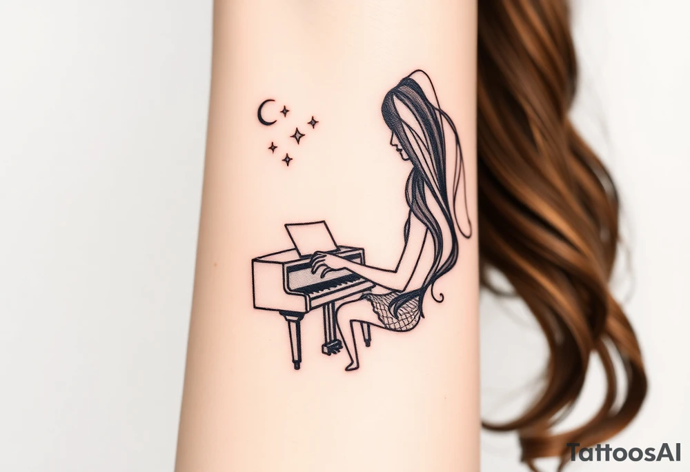 Woman with long wavy brown hair playing a grand piano under the stars swirl tattoo idea