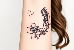 Woman with long wavy brown hair playing a grand piano under the stars swirl tattoo idea