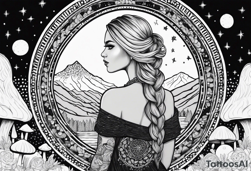 Straight blonde hair girl facing away toward mountains surrounded by mushrooms crescent moon mandala circular design black and white striped dress "8" braided into hair tattoo idea
