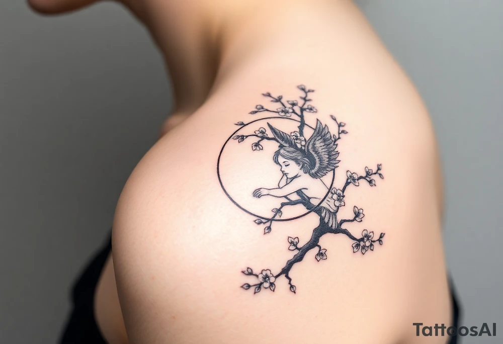 the sun or the moon being wrapped w cherry blossom tree with an angel laying on the moon or lookin at the sun holding its hand out tattoo idea