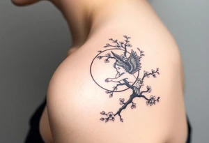the sun or the moon being wrapped w cherry blossom tree with an angel laying on the moon or lookin at the sun holding its hand out tattoo idea