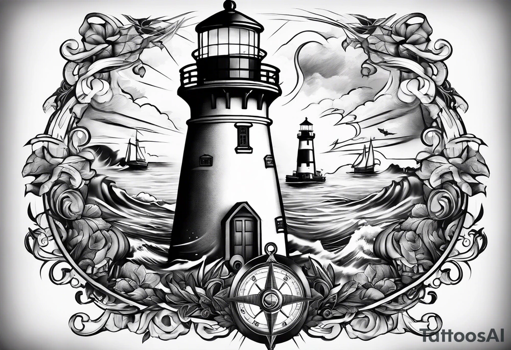 full sleeve tattoo with compass, lighthouse, bermuda triangle, crown and anchor dice, lightning in background tattoo idea