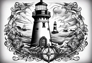 full sleeve tattoo with compass, lighthouse, bermuda triangle, crown and anchor dice, lightning in background tattoo idea