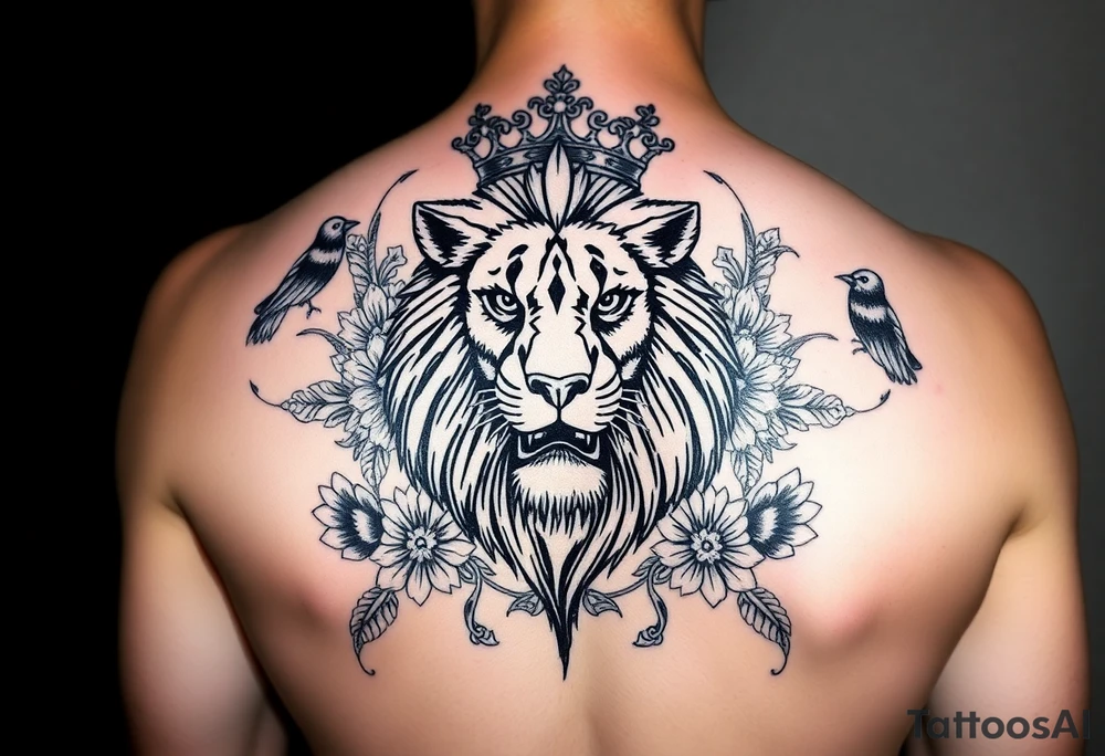 powerful majestic lion with a crown, surrounded by floral ornaments and birds tattoo idea