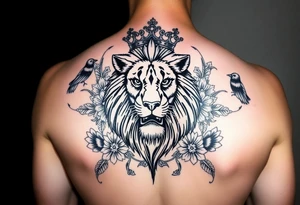 powerful majestic lion with a crown, surrounded by floral ornaments and birds tattoo idea