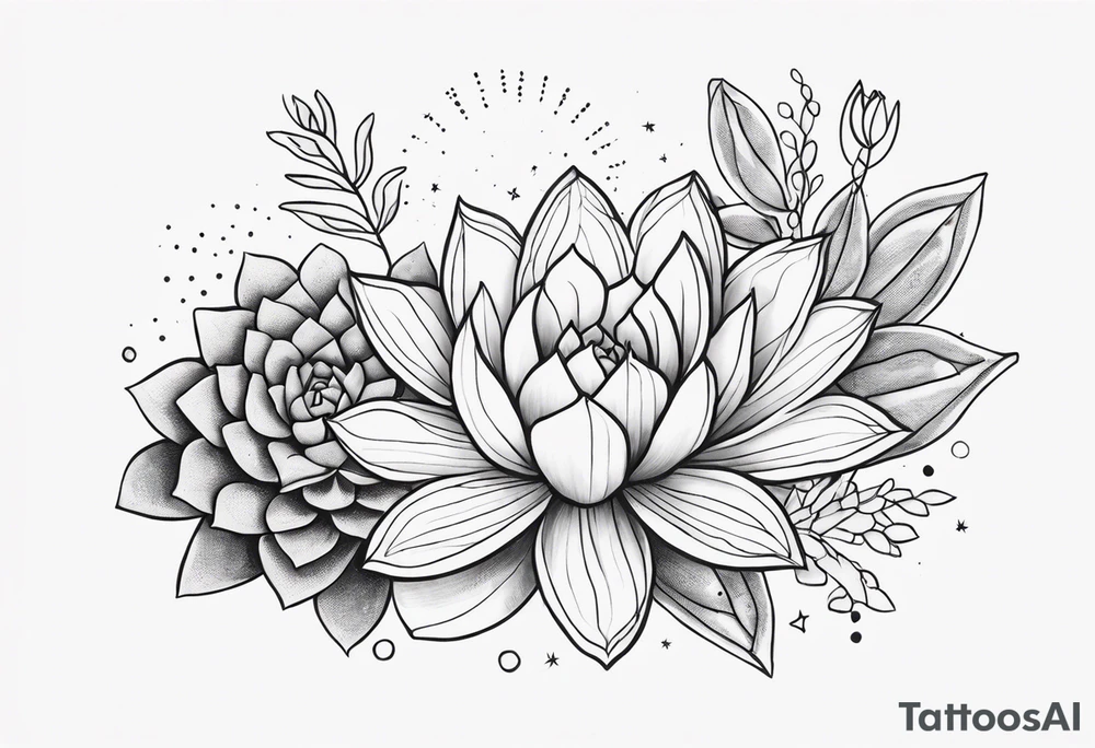 fine line with sun, stars, floral, dots, three succulents
. Sternum tattoo grey scale shading tattoo idea
