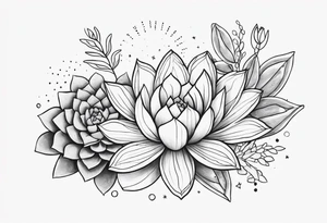 fine line with sun, stars, floral, dots, three succulents
. Sternum tattoo grey scale shading tattoo idea