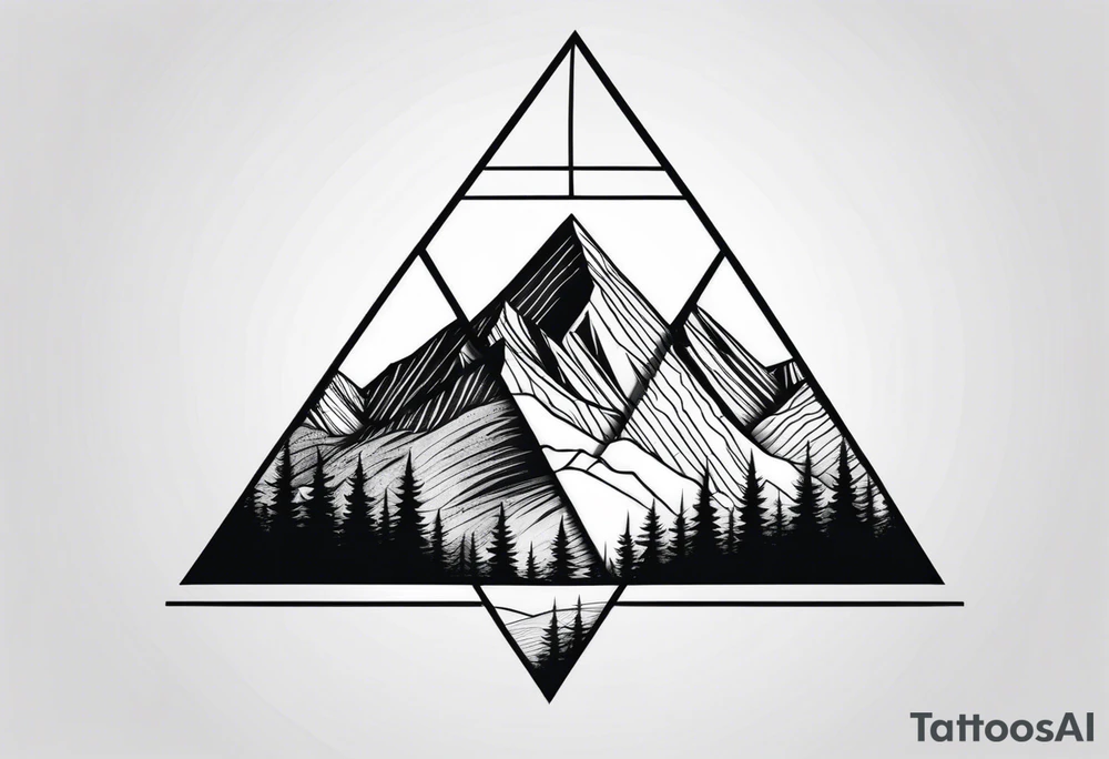 A minimalistic image of a mountain landscape enclosed in a triangle. Clear lines, one or two layers for depth. tattoo idea