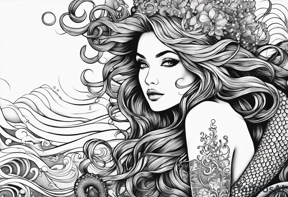 mermaid, octopus, algae, waves tattoo idea