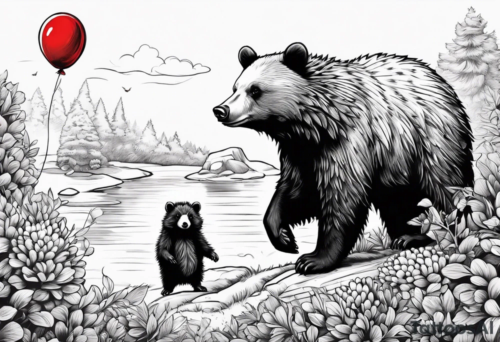 black bear and hedgehog, bear stands over comic hedgehog smiling, hedgehog has red balloon in hand, hedgehog stands on two feet. hedgehog holds bears hand tattoo idea