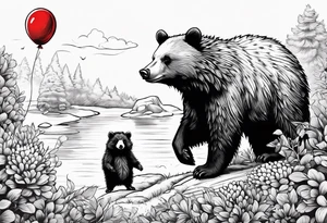 black bear and hedgehog, bear stands over comic hedgehog smiling, hedgehog has red balloon in hand, hedgehog stands on two feet. hedgehog holds bears hand tattoo idea