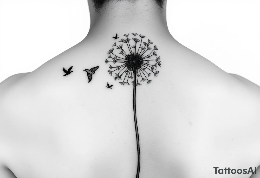 Dandelion tattoo representing motherhood, blowing in the wind giving myself to the next generation. Five birds for my children and two white birds for the children I lost. Whimsical and fine line. More artistic and soft. tattoo idea