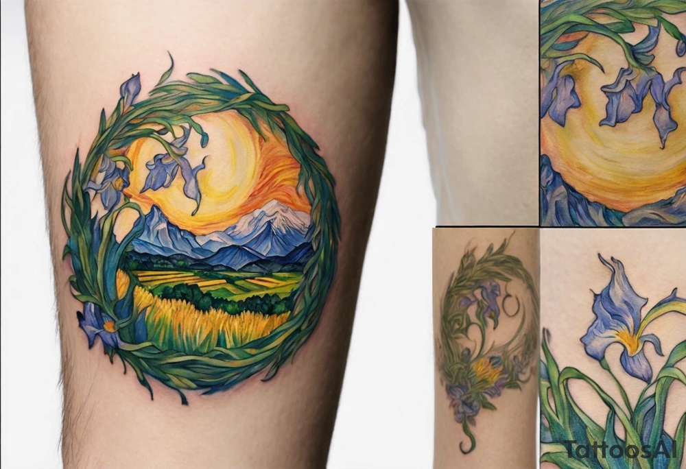 Create a small, colorful Vincent van Gogh Irises tattoo in the form of a crescent, with vines gracefully intertwining at a central point in the middle of the wreath. The intended placement is on the upper chest. The middle needs mountains. The overall design should be small in size while maintaining a delicate and artistic aesthetic. Pay attention to the graceful flow of the vines and the placement of the irises to achieve a refined and elegant look. tattoo idea