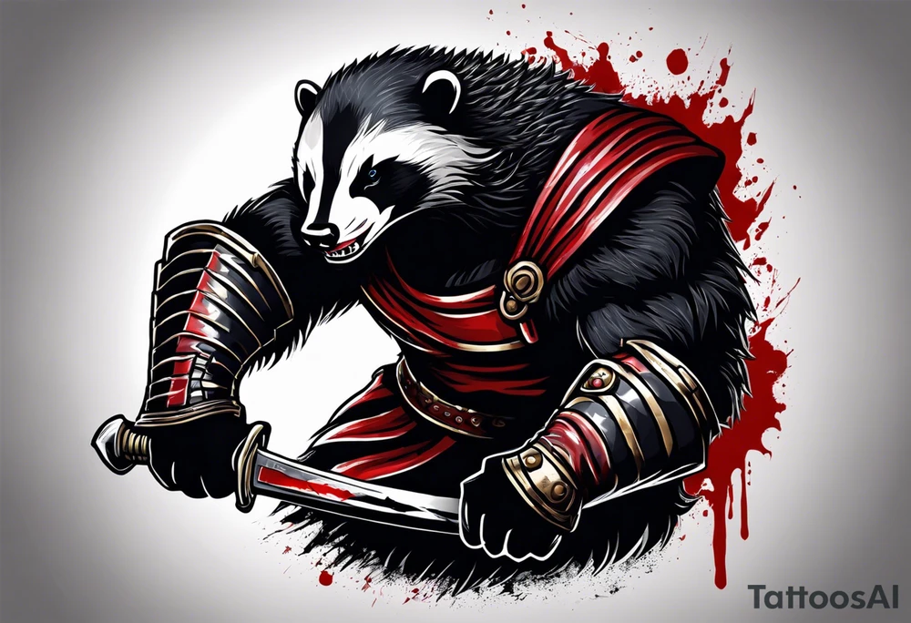 Draw me psychopath Honey Badger/Berserker with aggressive full body, killer face with a scary smile, very long nails and he attacks like a Bloody Assassin/Warrior/Gladiator to us and also, he has very deadly looking. He fights with his nails. Everybody scares after their first sight. Give me horror type Badger Tattoo. I want to see his Realistic full body with no weapons. You can show destruction. tattoo idea