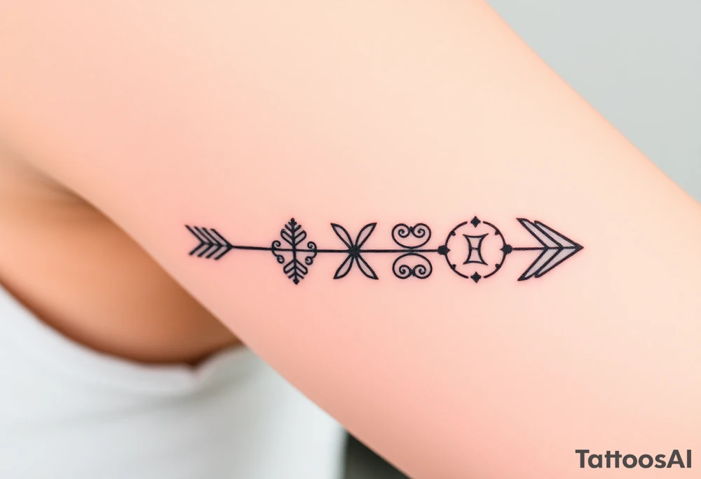 Geometric arrow with 5 Symbolic elements for each family member. Two base elements for my husband and I, intertwined floral patterns like mirrored vines or spiral paisleys representing our identical twins, and a Gemini zodiac sign for my son. Use feminine-yet-bold linework and Interconnected elements to reflect family unity tattoo idea