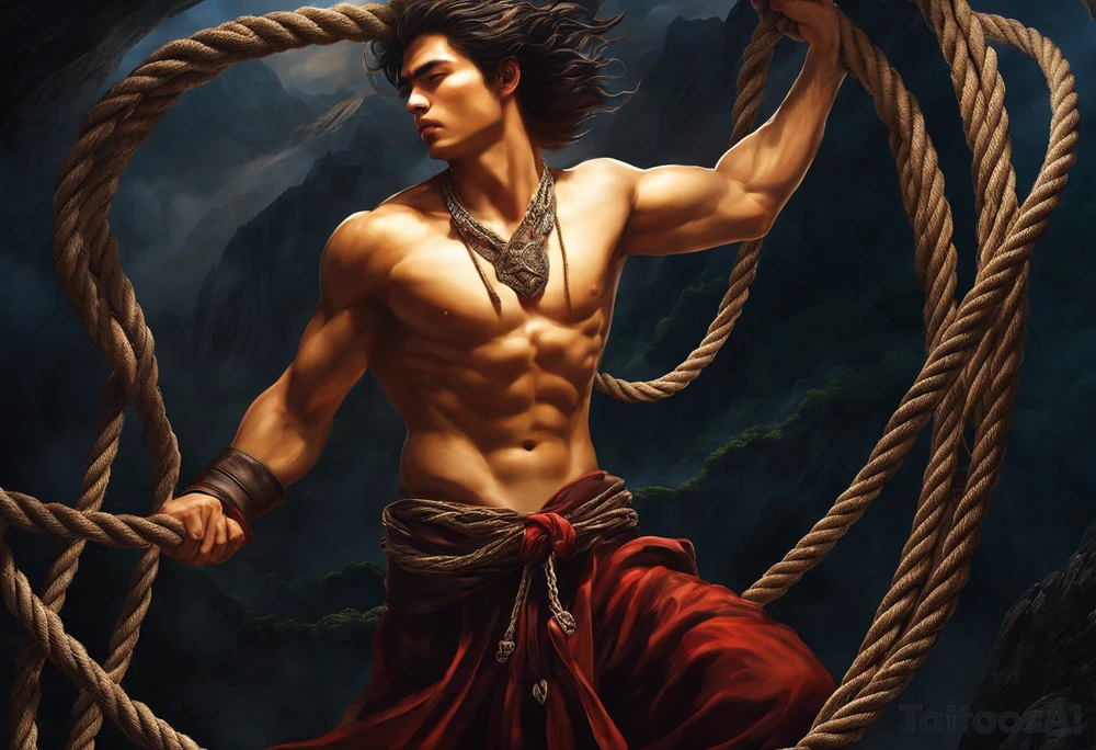A man suspended in mid-air, held by a rope tied around his neck, the rope stemming from his own heart. The heart symbolizes his emotions and feelings, keeping him trapped within himself, unable to move forward.

On one side of him, a menacing beast represents his rage and inner fury. The beast glows with the weight of his sins and mistakes, embodying the destructive power of his darkest emotions. Its eyes burn with anger, and its claws seem ready to tear through his psyche, an embodiment of the chaos he battles within.

On the other side, a serene, angelic figure represents his good side, radiating peace and hope. This figure calls out to him, beckoning him toward redemption and a righteous path. The angel’s calm expression and open hand reflect compassion, purity, and the promise of a better future.

The design should be rendered in a stylish old-school black-and-white aesthetic, with intricate linework and shading to add depth and realism. The stark contrast between the man, the beast, and the angel will emphasize the internal conflict. A balance of bold outlines and fine details will evoke a sense of timelessness and emotional intensity, making the tattoo visually striking and deeply symbolic. tattoo idea