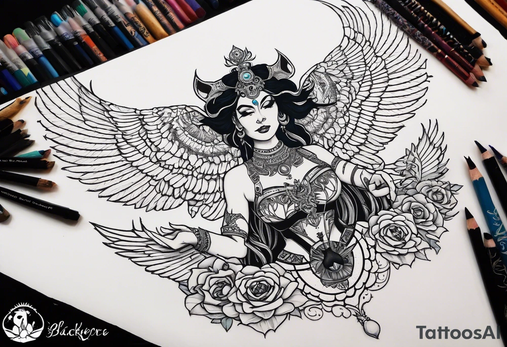 black kali, goddess pirate, alien, angel, pachamama, valkrye, warrior, flying, skull, lotus azul, wing, eagle, zenza resonance, stars, 5D, anahata chakra, death, durga, riding on a tiger, flying lady, chest tatoo tattoo idea