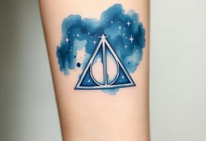 A Deathly Hallows full symbol floating within a starry night sky, its edges glowing in soft silver and deep cosmic blue tattoo idea