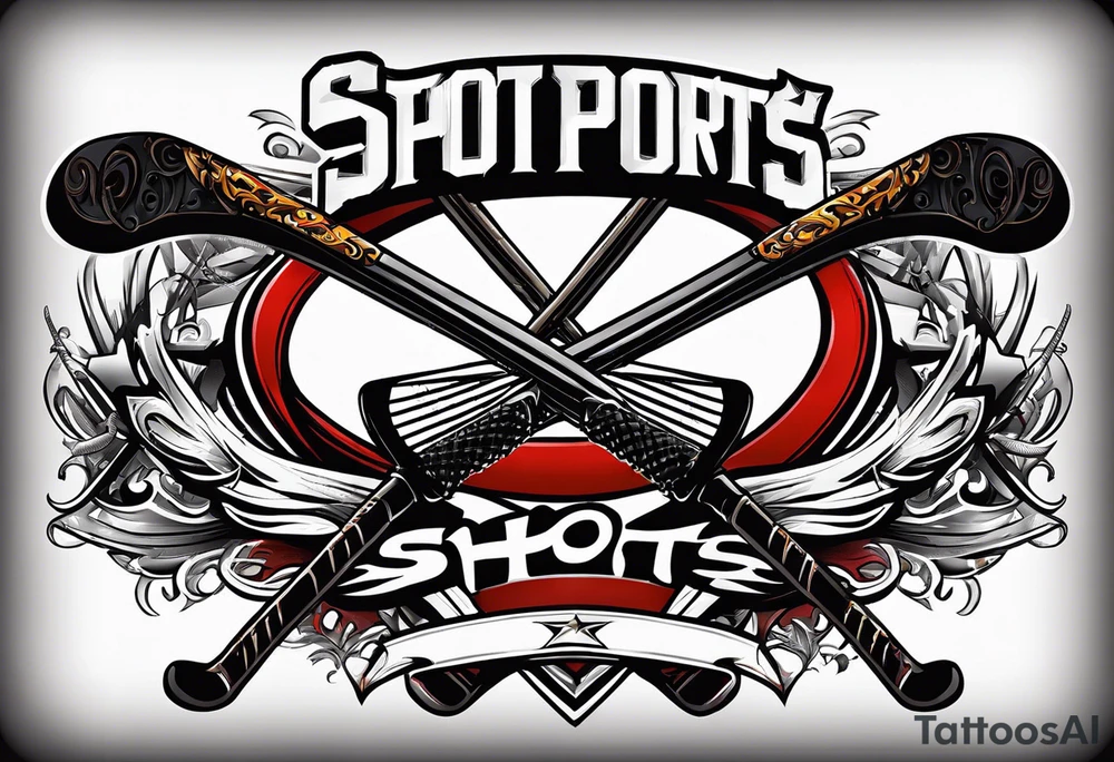 crossed hockey sticks with sports equipment that says "SHOT SPORTS" tattoo idea