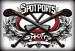 crossed hockey sticks with sports equipment that says "SHOT SPORTS" tattoo idea