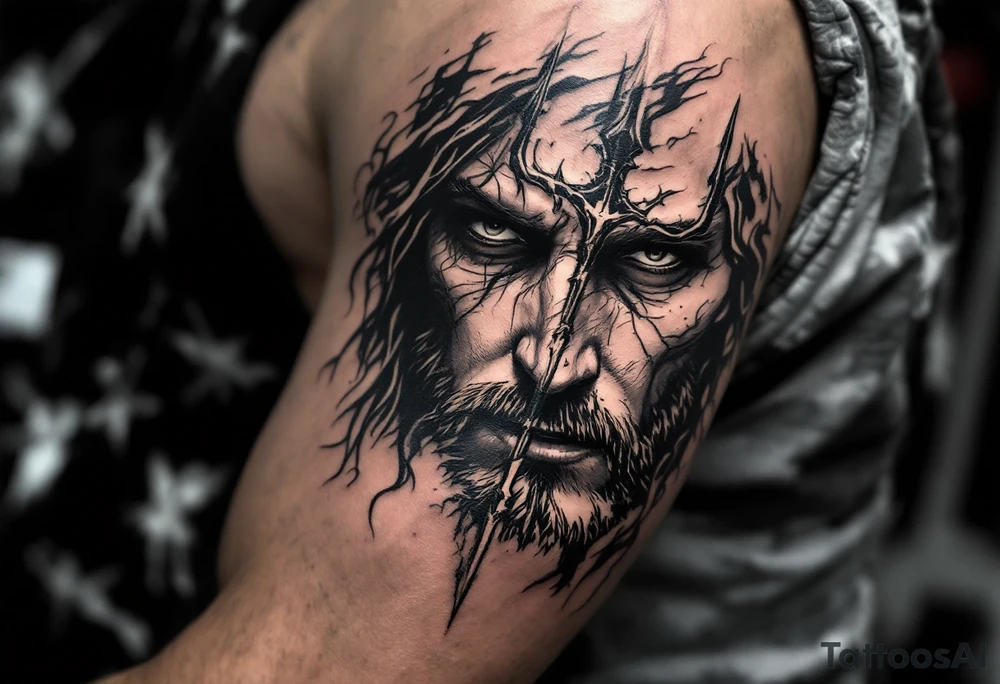 close-up jeasus behind a trident tattoo idea