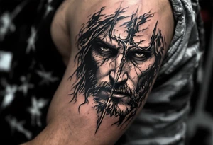 close-up jeasus behind a trident tattoo idea
