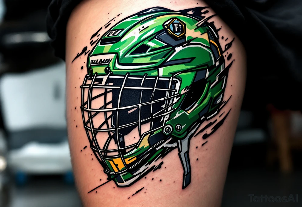 hockey helmet in bold green and black, outlined with motion blur lines in white. tattoo idea