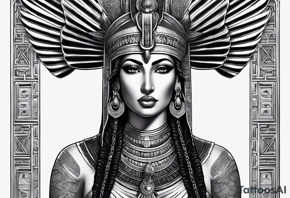 black and gray photo realistic goddess isis with minimal detail tattoo idea