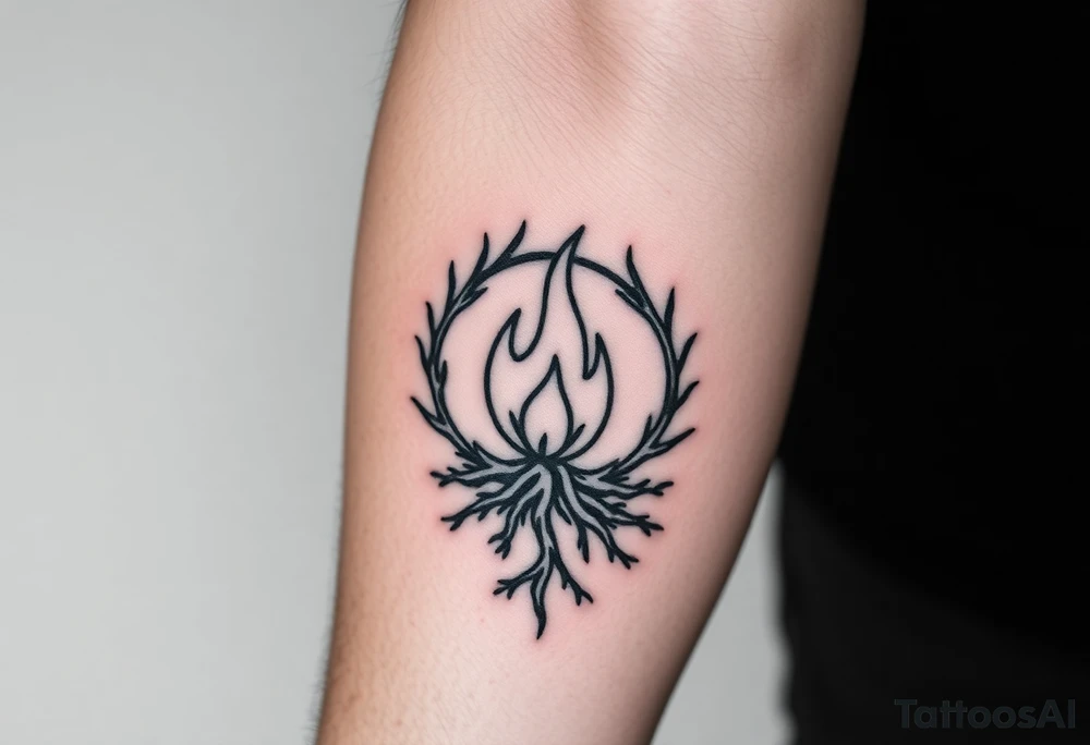 a round flame imprisoned in a roots circle tattoo idea